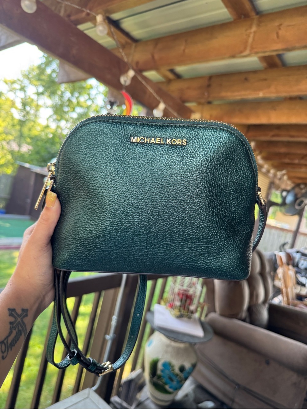 Michael Kors Dark Green Metallic Crossbody Purse w/ Gold Metal
